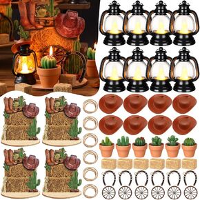ROCEEI 96 Pcs Cowboy Party Decorations Western Centerpieces for Table Include Mini Cowboy Hat, Lantern with LED Candle, Cactus Tealight, Horseshoe, Wagon Wheel, Wooden Background Board, Hay Bale, Rope