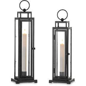 Black Lanterns Decorative Indoor Set of 2 : 13" & 15" Glass Outdoor Lantern Candle Holder with LED Taper for Patio Porch Fireplace Living Room Tall Modern Home Decor