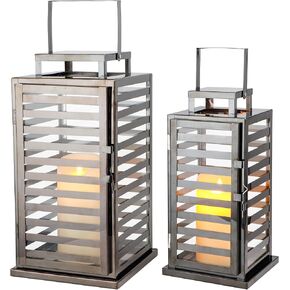 TRIROCKS Stainless Steel Lantern Set of 2, 15 &12" Tall Decorative Candle Lanterns with Tempered Glass Panels, Indoor & Outdoor Home Decor for Living Room, Tabletop, Parties & Events - Silver Finish