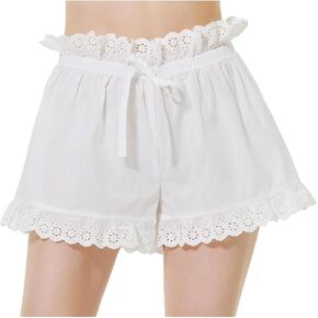BEAUTELICATE Women High Waisted Shorts Pants Embroidery Lace Ruffles Elastic Waist Cotton Drawing String
