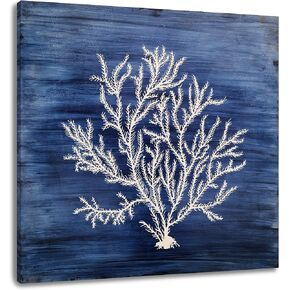 Yihui Arts Nautical Canvas Wall Art Hand Painted Navy Blue and White Coastal Painting Modern Abstract Tree Artwork for Living Room Bedroom Hall Way Decor