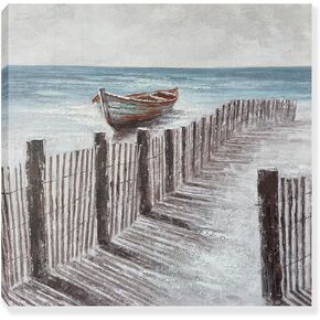 RICHSPACE ARTS Beach Scene Serene Wall Art Coastal Paintings for Bathroom Large Boat by Boardwalk Seaside Pictures