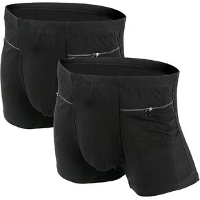 LUEXBOX Pocket Underwear for Men with Secret Hidden Pocket, Travel Boxer Briefs, 2 Packs (Black)