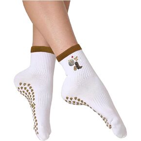 Women's Cute Grip Pilates Socks Non-Slip Crew Yoga Barre Socks with Colored cuff & Embroidery in Saudi Arabia