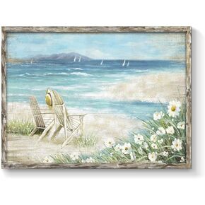 Abstract Beach Framed Painting Artwork: Seaside Chair Wall Art Seascape Hand Painted Painting for Vacation Villa (16" W x 11" H, Multiple Sizes/Material)