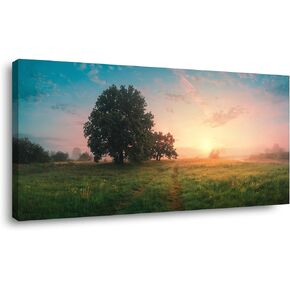 Wall Art Spring Panoramic Landscape Canvas Painting Sky with Fluffy Clouds Over Green Field Wall Decor Artwork for Living Room Bedroom Dining Room Home Office Decor 24"x48" (60cmx120cm)