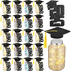 24 Sets Graduation Gifts 2025 Plastic Graduation Jar Decorations with Cap Cutouts Kit for Class of 2025 Graduate Table Centerpieces Grad Party Supplies