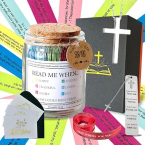 Read Me When Bible Verses Jar for Emotions and Feelings, Scripture Prayer Hope Jar Glory Jar, Bible Verse Jar with 925 Sterling Silver Cross Necklace, Christian Gifts for Women