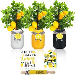 Jexine 12 PCS Lemon Mason Jar Decorations Summer Lemon Wooden Sign Farmhouse Table Centers for Kitchen Tiered Rached Home Decor