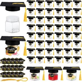 50 Set DIY Graduation Party Favors Mason Jar Graduation Candy Gifts Jar Plastic Candy Jars and Paper Graduation Cap for 2024 Graduation Party Decoration Kindergarten Supplies(Blue)