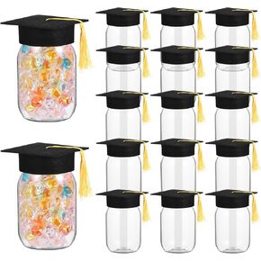 16 Set DIY Graduation Jar Decorations Mason Jar Graduation Candy Gifts Jar Plastic Jars and Class of 2025 Felt Graduation Cap for 2025 Graduation Gift Party Decoration Supplies