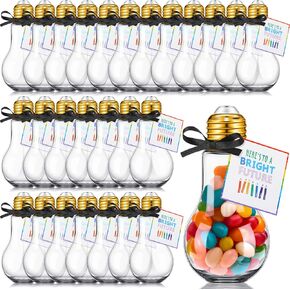 Crtiin 36 Set 100 ml Plastic Clear Light Bulb Jars with Bright Future Card and String Light Bulb Party Candy Container Fillable Lightbulb Ornament for Crafts 2025 Graduation Party Favor(Black Gold)