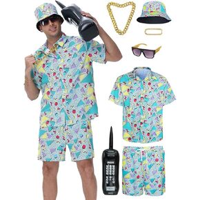 80s 90s Outfit for Men, Retro Hawaiian Shirts and Shorts Set,Hip Hop Sportswear 7Pcsfor Disco Party