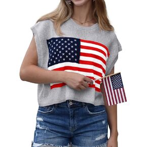 Womens American Flag Sweater Cap Sleeve Summer Crop Tops Crew Neck Loose Fit Knit Sweater Pullover Top