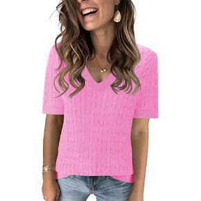 Kistore Womens Summer Short Sleeve Sweaters Tops V Neck Cable Knit Lightweight Sweater Shirts Blouses 2025