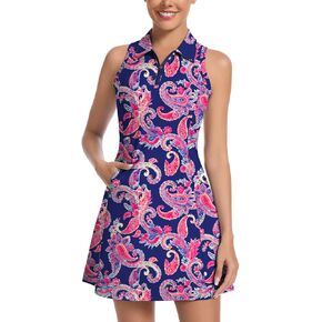 WOWENY Tennis Dress for Women Zip Up Golf Dresses with Built in Shorts and Pockets Sleeveless Athletic Workout Dress