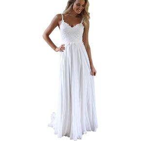 Women's V Neck Spaghetti Straps Beach Dresses for Bride ، Long A-Lip Shiffon Bridal Dount Lace Deters