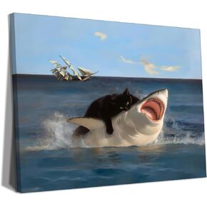 Yaneiro Framed Black Cat Wall Art, Funny Quirky Cat and Shark Pictures Canvas Print, Abstract Black Cat Shark Posters Wall Decor for Room Bedroom Living Room Bathroom 12x16in