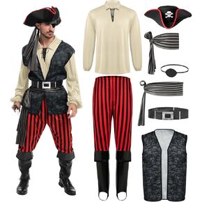 Spooktacular Creations Men Pirate Costume, Adult Pirate Shirt Vest Viking Pants Hat Set for Halloween Themed Parties