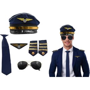 Nicky Bigs Novelties Pilot Costume Men Accessories - Men's Airline Captain Accessories with Aviator Sunglasses, Epaulettes, Captain's Hat, Badge - For Halloween, Themed Parties, Blue Gold, One Size