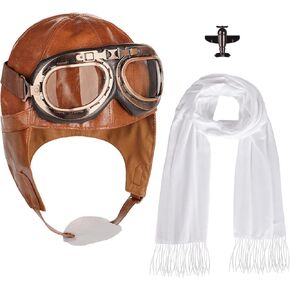 4Pcs Aviator Costume Accessories,Aviator Hat With Goggles White Scarf Brooch,Pilot Cap for Adults Halloween Party