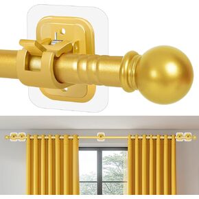 Curtain Rods No Drilling for Windows 48 to 84-96 Inch,Renter Friendly Drapey Pole with 5PCS No Drill Curtain Rod Brackets,Outdoor Long Cortineros Para Ventanas with Adhesive Curtain Rod Holder Gold