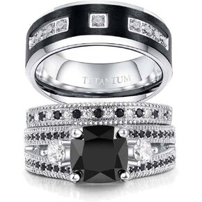 حلقات زوجين رينغ هارت مطابقة الخاتم الأسود 1CT CZ من الذهب الأبيض مطلي بالذهب مجموعات خاتم الزواج له ولخواتمها