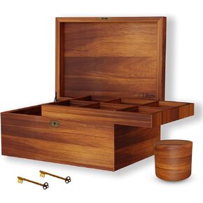 LUSH & STYLE Acacia Wood Box, Keepsake With Hinged lid and locking key, Decorative, Memory treasure, Wooden Storage Box, Wooden Gift Box (Divider Model)