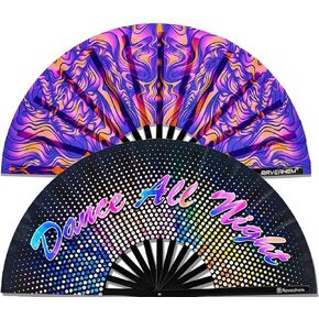 UV Glow Rave Fan ، الخيزران القابل للطي مروحة اليد للرجال النساء (Wellen+Dance طوال الليل ، كبير 13 ")