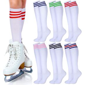 Unittype 6 Pair White Knee High Socks for Women Striped Long Tube Socks Roller Skate Skating Soccer Sports Stockings Gifts for Men Women Birthday Easter Mother's Day Party