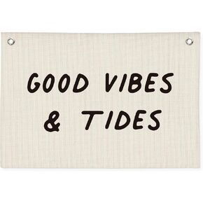Good Vibes and Tides Linen Banner – Beach Wall Hanging Canvas Flag, Coastal Vibe Nautical Quote Sign for Bathroom, Bedroom, Dorm or Beach House Decor 20x30