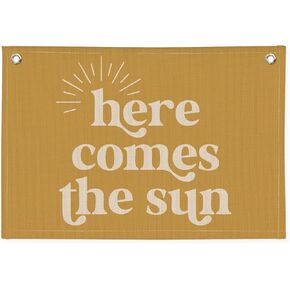 Here Comes the Sun Linen Banner – Retro Sunshine Yellow Wall Hanging Flag for Kids Room, Nursery or Positive Vibe Gallery Wall 20x30