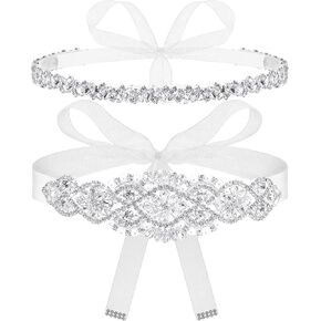 SATINIOR 2 Pieces Rhinestone Bridal Wedding Dress Sash Belt Crystal Diamond Ribbon Wedding Belts for Bridesmaid Dress (White)