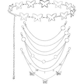 Chain Belt, 5 Pcs Waist Chain Belt Jeans Pants Chain Wallet Chain Pocket Silver Chain Belt Y2K Goth Accessories Punk Dress Body Belly Chain for Women Men