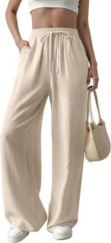 Womens Casual Pants with Adjustable Drawstring Soft Lounge Wide Leg High Waisted Pants for Summer Beach Vacation in Saudi Arabia