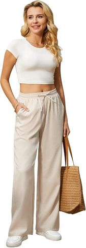 Womens Casual Pants with Adjustable Drawstring Soft Lounge Wide Leg High Waisted Pants for Summer Beach Vacation in Saudi Arabia