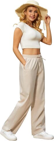 Womens Casual Pants with Adjustable Drawstring Soft Lounge Wide Leg High Waisted Pants for Summer Beach Vacation in Saudi Arabia