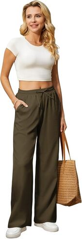 Womens Casual Pants with Adjustable Drawstring Soft Lounge Wide Leg High Waisted Pants for Summer Beach Vacation in Saudi Arabia