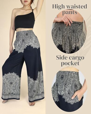 Boho Pants Palazzo Pants for Women with Pockets| Wide Leg high Waisted Flowy Pants for Women | Summer, Cruise, Vacation in Kuwait