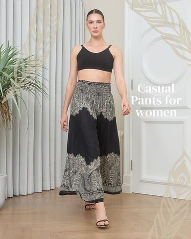 Boho Pants Palazzo Pants for Women with Pockets| Wide Leg high Waisted Flowy Pants for Women | Summer, Cruise, Vacation in Kuwait