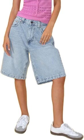NUFIWI Women Y2k Boyfriend Denim Shorts Low Waist Wide Leg Bermuda Shorts Straight Leg Summer Jean Shorts Streetwear in Kuwait