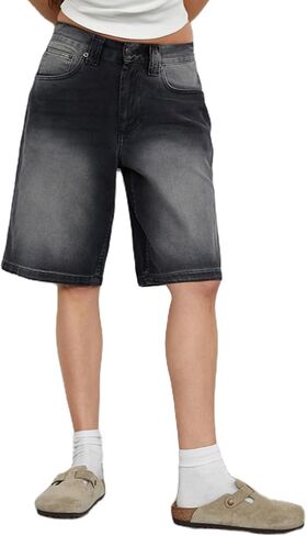 NUFIWI Women Y2k Boyfriend Denim Shorts Low Waist Wide Leg Bermuda Shorts Straight Leg Summer Jean Shorts Streetwear in Kuwait