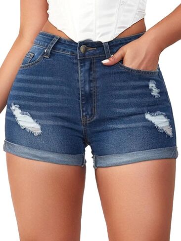 Jean Shorts Womens High Waisted Stretchy Ripped Denim Shorts Casual Distressed Multi Pockets Denim Shorts in Saudi Arabia