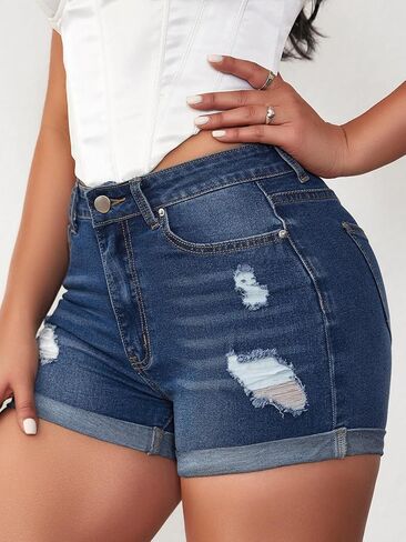 Jean Shorts Womens High Waisted Stretchy Ripped Denim Shorts Casual Distressed Multi Pockets Denim Shorts in Saudi Arabia