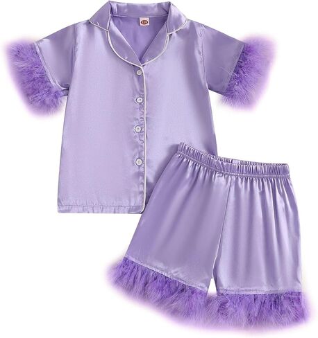 DuAnyozu Baby Girl Pjs Kids Feather Trim Short Sleeve Shirt Shorts Satin Pajama Set Bunny Spring Little Girls Clothes in Saudi Arabia