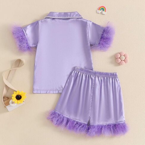 DuAnyozu Baby Girl Pjs Kids Feather Trim Short Sleeve Shirt Shorts Satin Pajama Set Bunny Spring Little Girls Clothes in Saudi Arabia