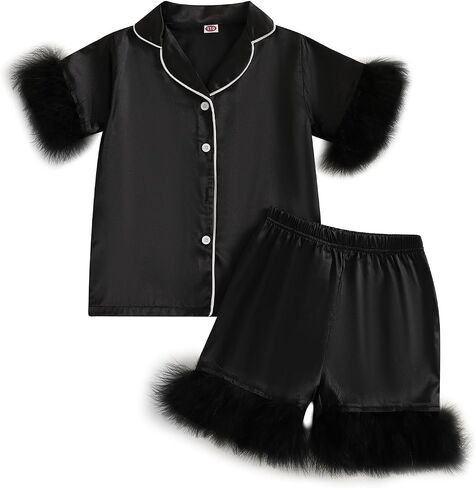 DuAnyozu Baby Girl Pjs Kids Feather Trim Short Sleeve Shirt Shorts Satin Pajama Set Bunny Spring Little Girls Clothes in Saudi Arabia