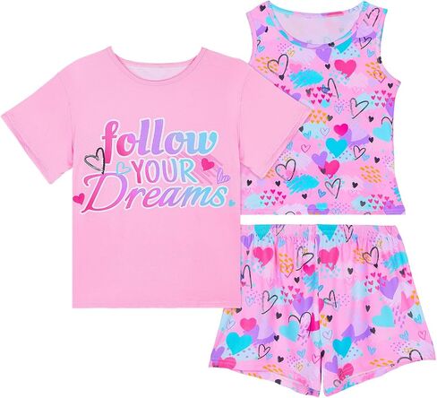 ICOSY Girls Pajamas for Kids Pajamas Toddler Girls 3 PCS Tank Tops, Short Sleeve Top and Shorts Clothes in Kuwait