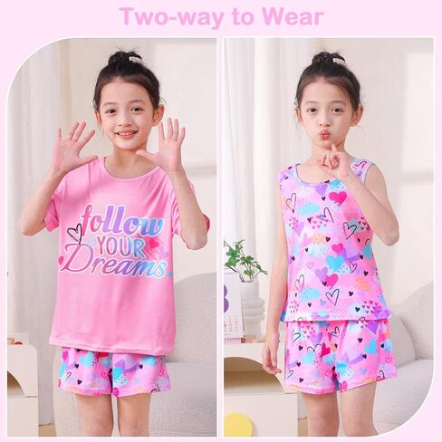 ICOSY Girls Pajamas for Kids Pajamas Toddler Girls 3 PCS Tank Tops, Short Sleeve Top and Shorts Clothes in Kuwait