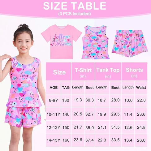 ICOSY Girls Pajamas for Kids Pajamas Toddler Girls 3 PCS Tank Tops, Short Sleeve Top and Shorts Clothes in Kuwait